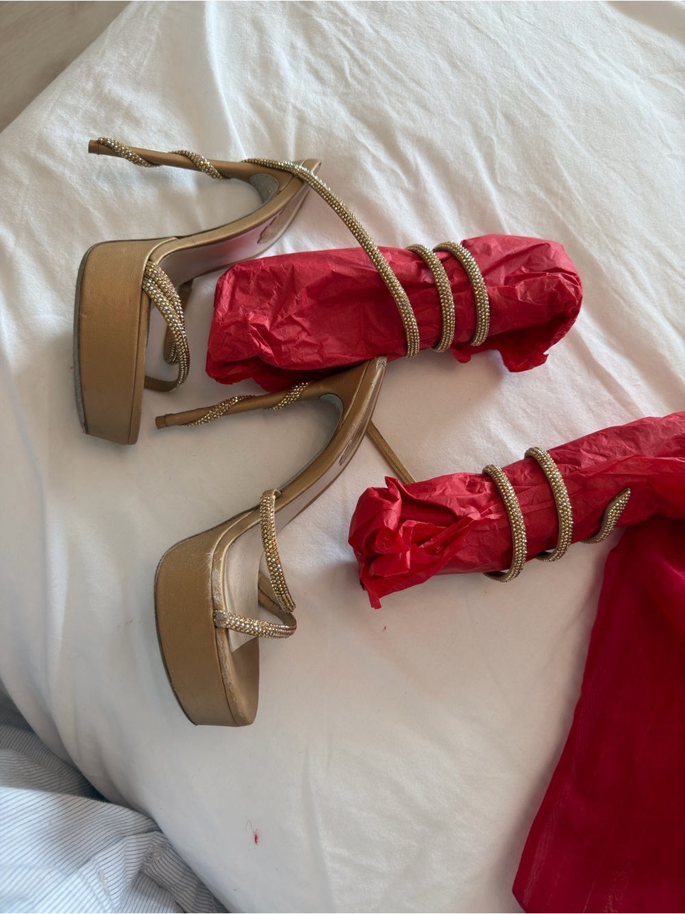 Rene Caovilla Gold Strappy Platform Heels - Women Shoes 6.5 - Picture 7 of 10